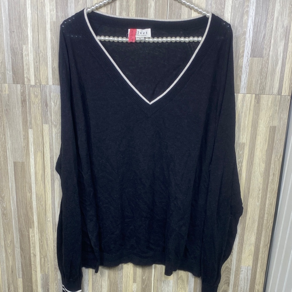 Velvet Black V-Neck Sweater with White Trim